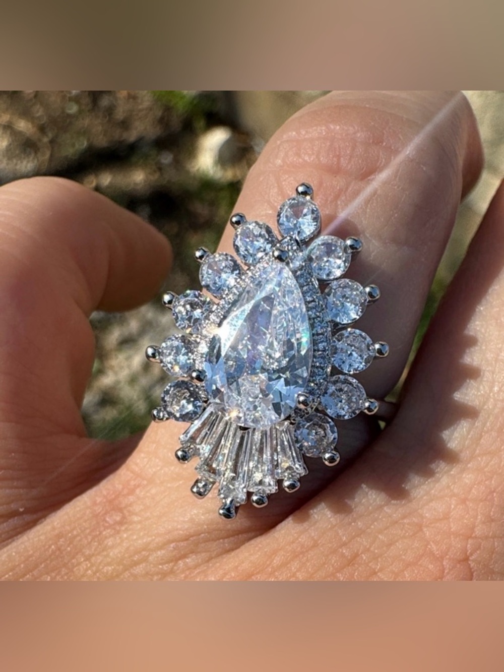 Sparkling Halo Teardrop Cocktail Ring - Silver Size 9 Wedding Engagement
